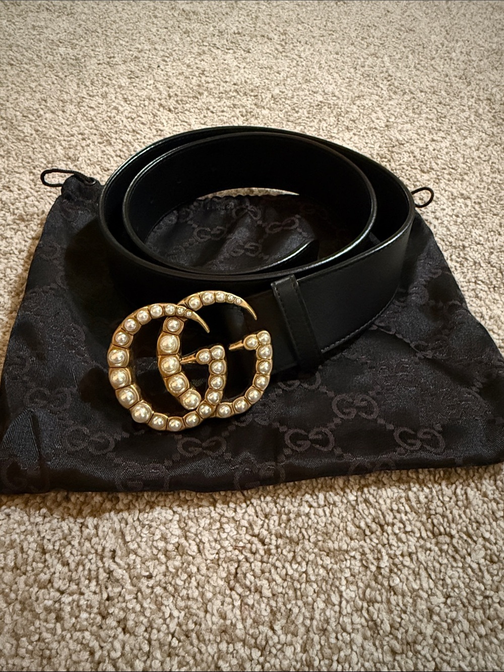 Gucci Black Leather Belt with Pearl-Embellished Double G Gold Buckle & dustbag